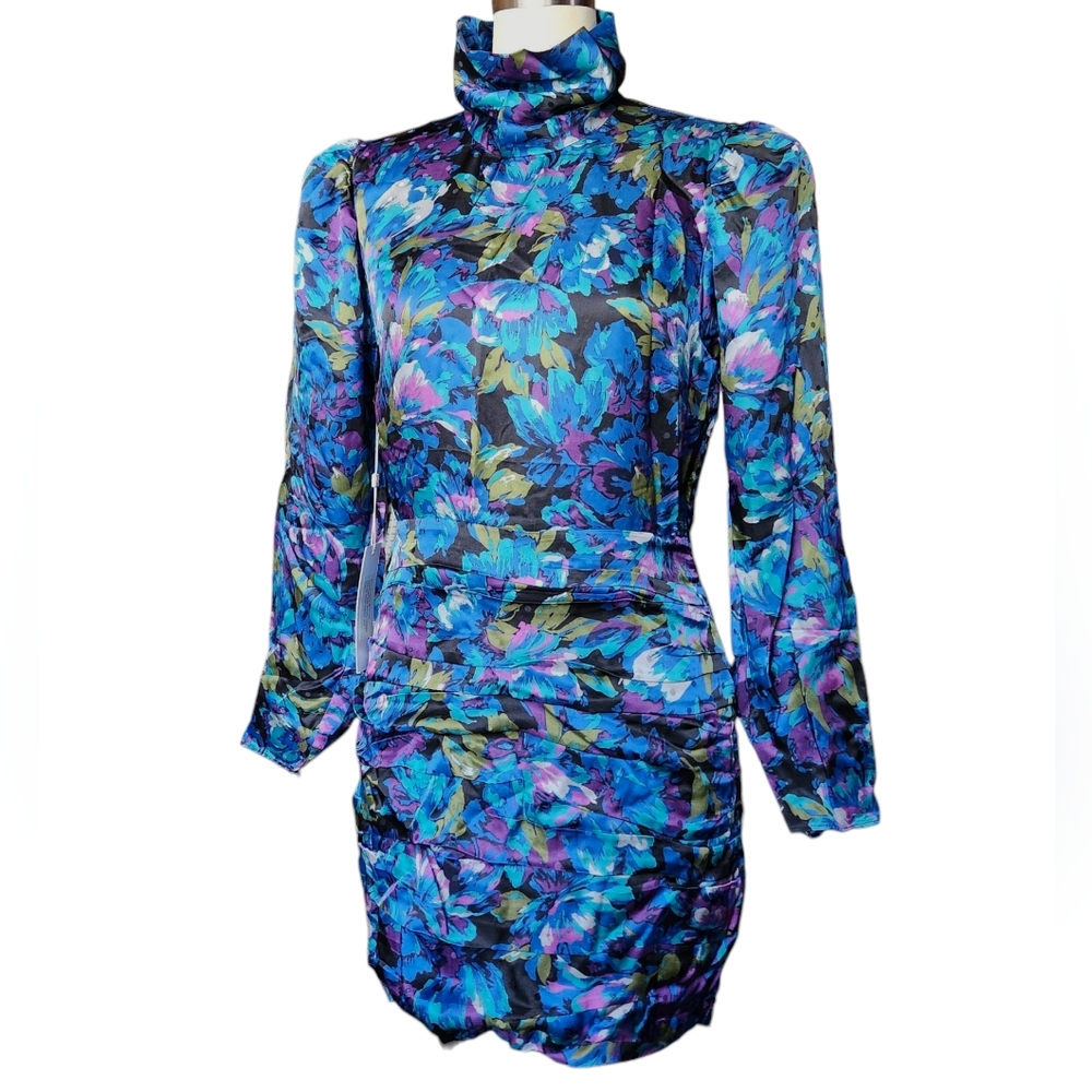 Ronny KOBO Silk Blend Annika Floral Blue and Purple Mini Pleated Dress Mock L